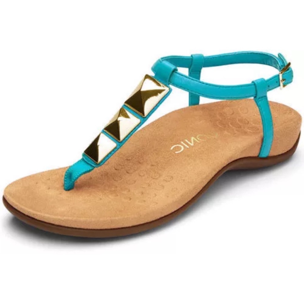 Vionic Rest Nala Turquoise Leather Thong Sandals with Gold Embellishments Size 8
